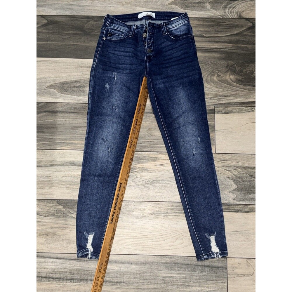 Kancan Women’s 5/26 Skinny Distressed Jeans Button Up Dark Blue
